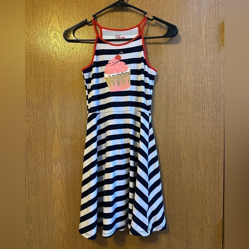 Epic Threads Striped Navy Blue and White Striped Dress | Girls Size Medium